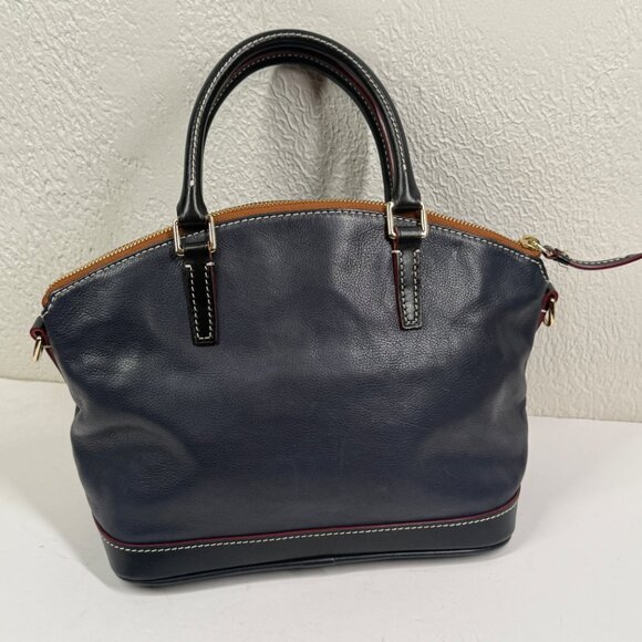 Dooney & Bourke Pebble Grain Satchel Navy Blue Leather Black Red Trim Zip - Picture 2 of 9